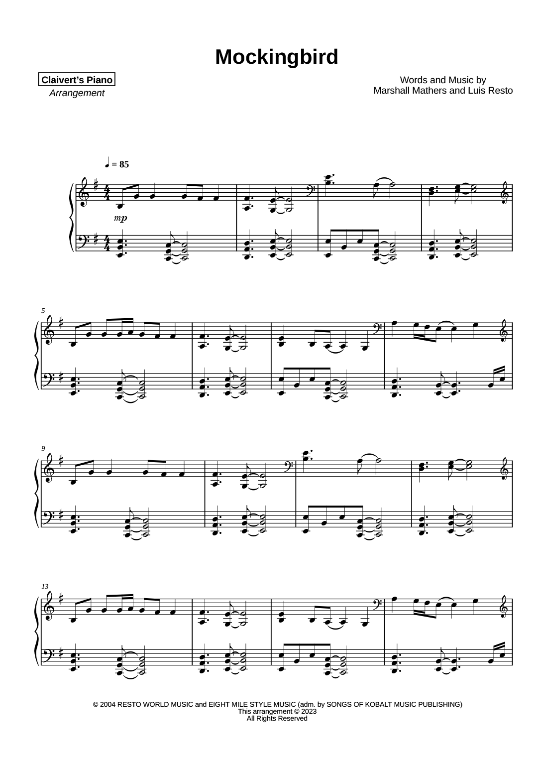 Eminem Mockingbird Sheet Music in E Minor (transposable