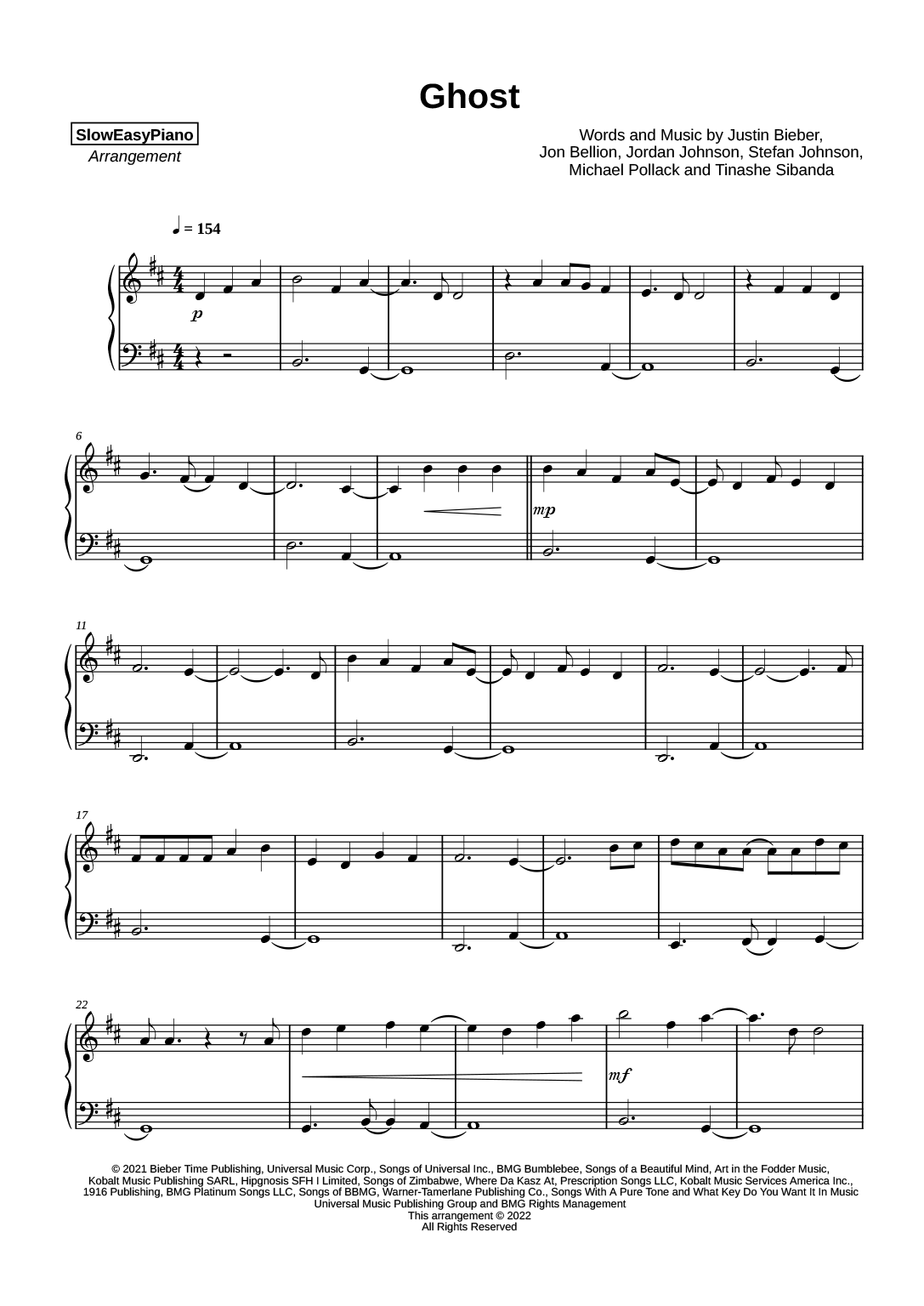 Ghost – Justin Bieber + Lyrics Sheet music for Piano (Solo) Easy