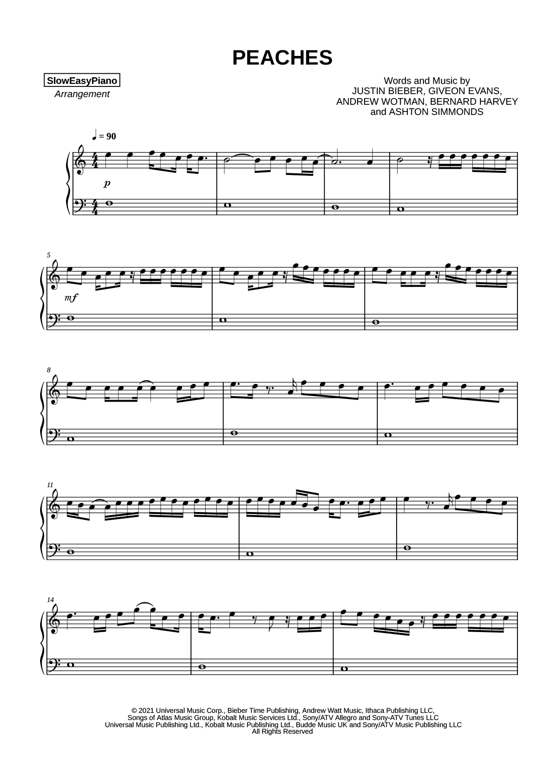 Justin Bieber ft. Daniel Caesar & Giveon Peaches Sheet Music in