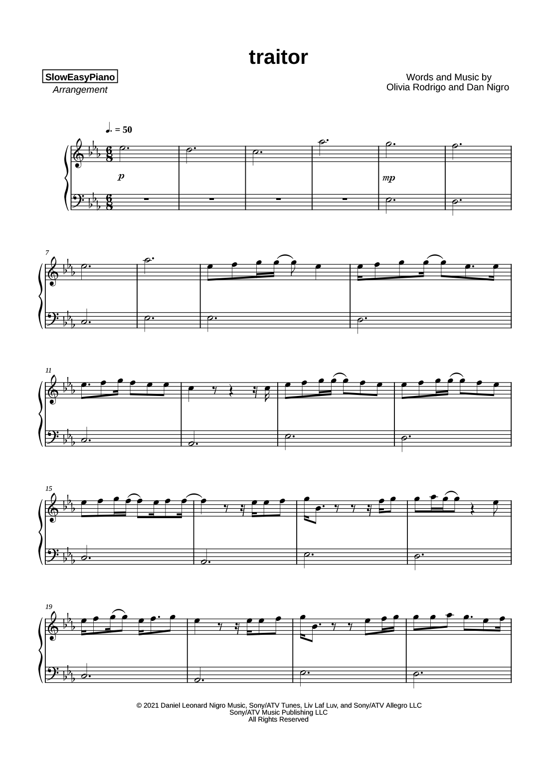 Olivia Rodrigo - traitor sheet music for piano download