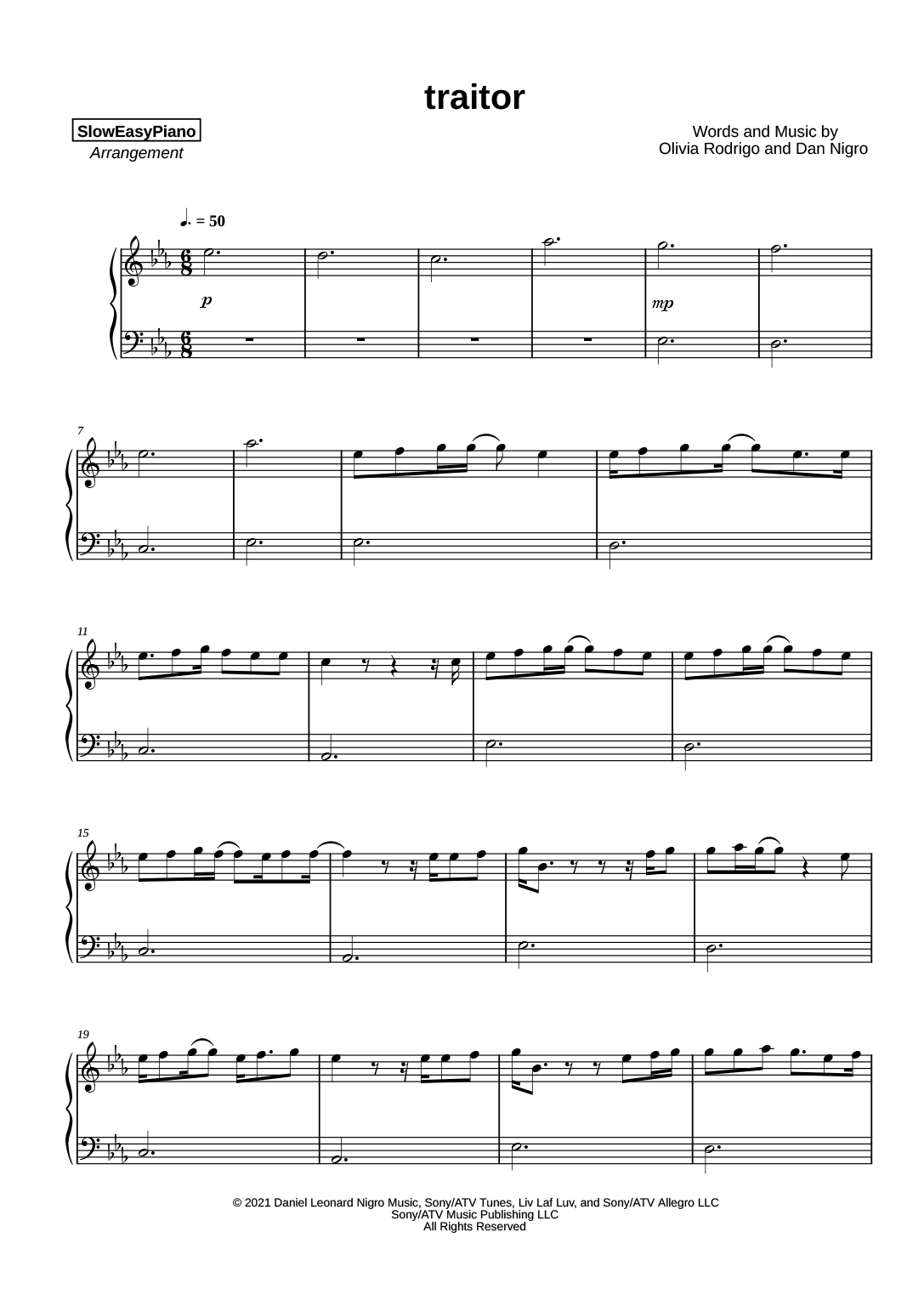 Traitor by Olivia Rodrigo - Piano Solo - Digital Sheet Music